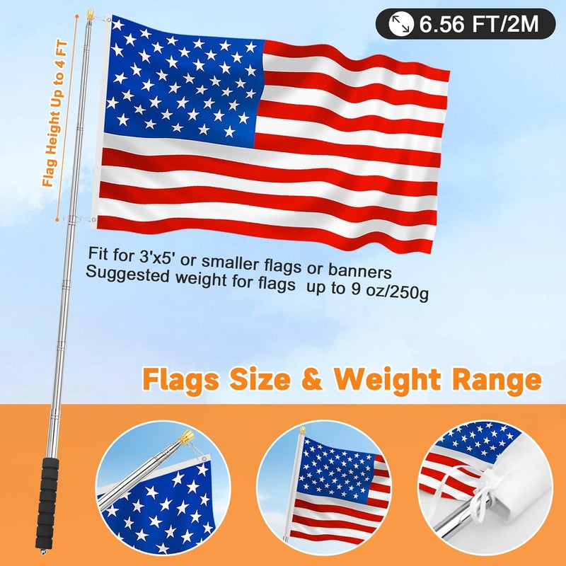 CATMOOW Portable Telescopic Handheld Flag Pole for Carrying, 6.56Ft/2M Stainless Steel Telescoping Hand Held Flag Pole to Carry, Extendable Tour Guide Flag Pole, Flagpoles with Clips for 3x5 Flag - Image 3